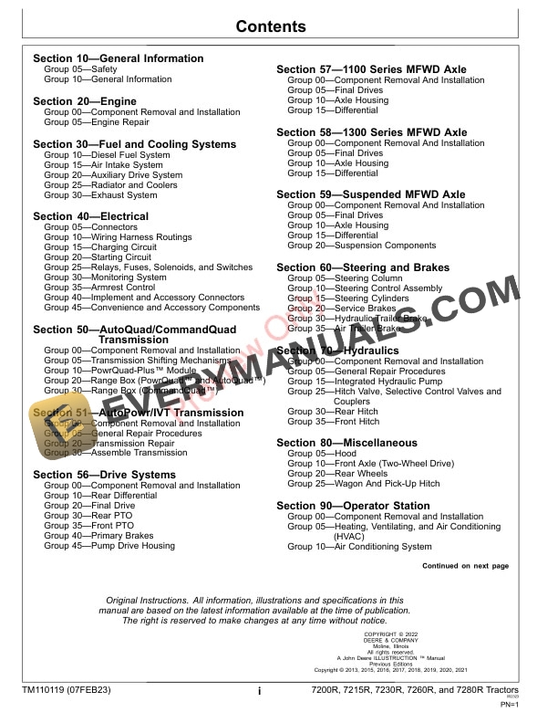 John Deere 7200R 7215R 7230R 7260R and 7280R 7R Tractors 000101 Technical Manual TM110119 07FEB23 3