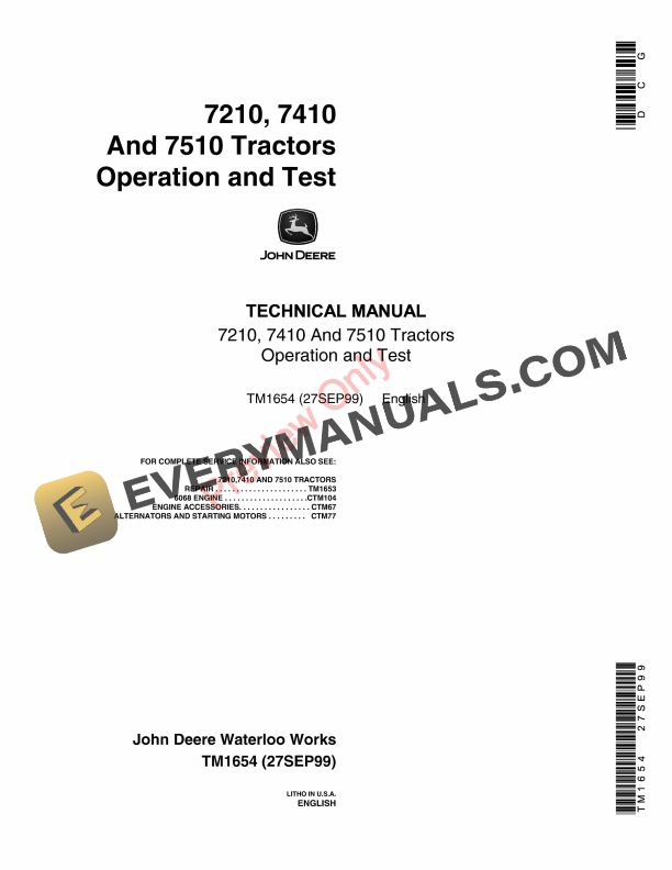 John Deere 7210, 7410 and 7510 Tractors Technical Manual TM1654 27SEP99-1