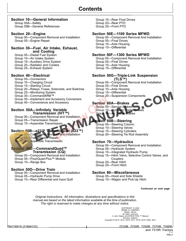 John Deere 7210R 7230R 7250R 7270R 7290R and 7310R 7R Tractors 080001 Repair Technical Manual TM118919 21MAY22 3