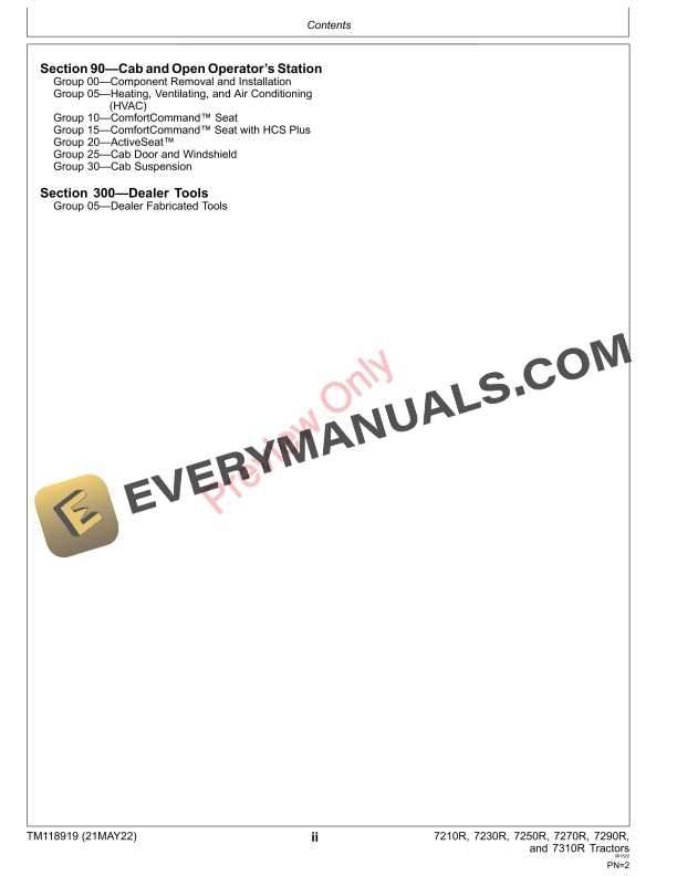 John Deere 7210R 7230R 7250R 7270R 7290R and 7310R 7R Tractors 080001 Repair Technical Manual TM118919 21MAY22 4