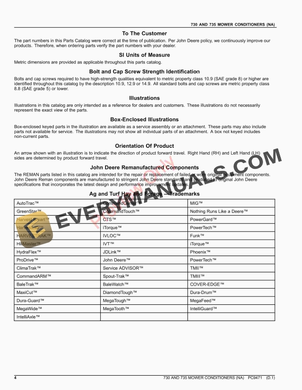 John Deere 730, 735 MOWER CONDITIONER (NORTH AMERICAN) Parts Catalog PC9471 06DEC22 5 John Deere 730, 735 MOWER CONDITIONER (NORTH AMERICAN) Parts Catalog PC9471 06DEC22-4