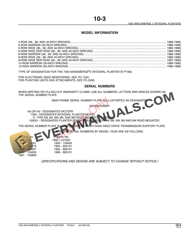 John Deere 7300 MaxEmerge2 Integral Planters (Rigid) Parts Catalog PC2047 23MAY11 6 John Deere 7300 MaxEmerge2 Integral Planters (Rigid) Parts Catalog PC2047 23MAY11-5