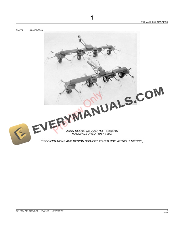 John Deere 731, 751 Hay Tedders Parts Catalog PC2123 11MAY11-3