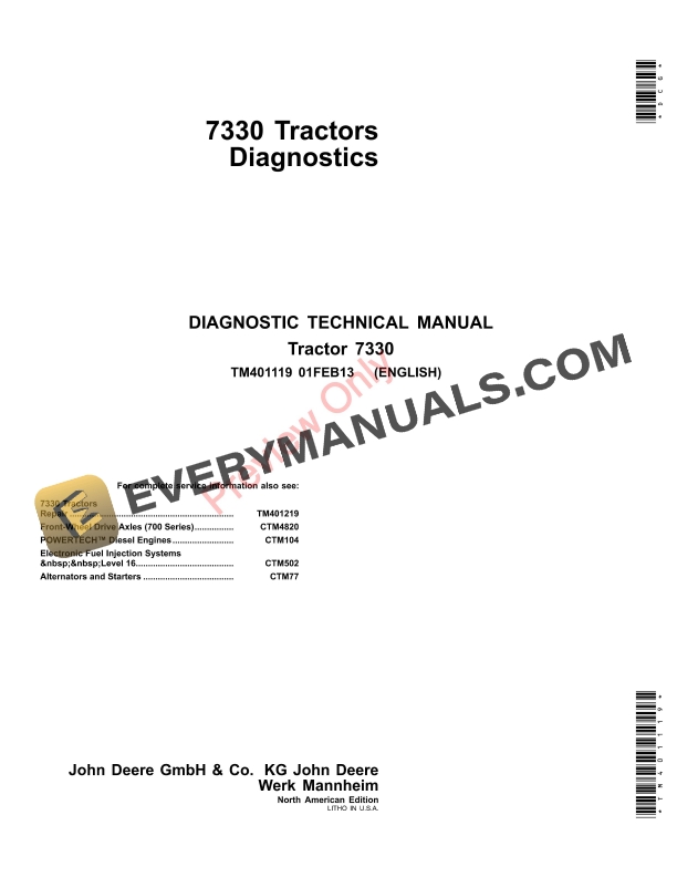 John Deere 7330 Tractorss Technical Manual TM401119 01FEB13-1