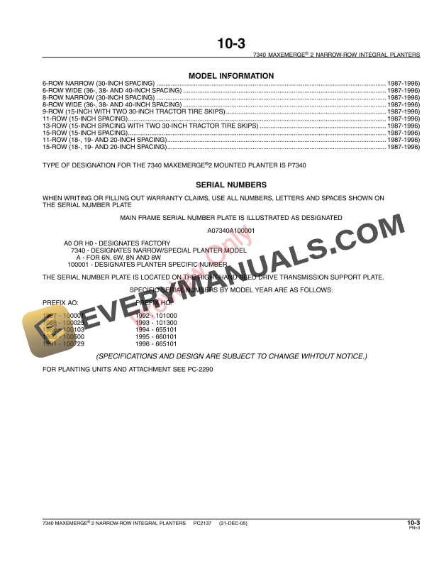 John Deere 7340 MaxEmerge 2 Integral Planters (Narrow-Row) Parts Catalog PC2137 23MAY11-5