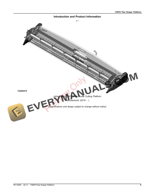 John Deere 735FD Flex Draper Platform Parts Catalog PC13491 03SEP23-5