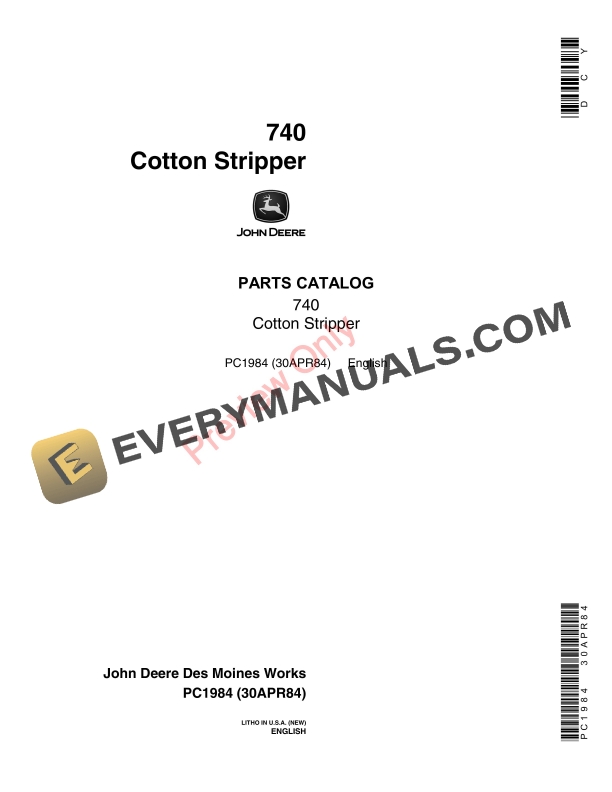 John Deere 740 Cotton Stripper Parts Catalog PC1984 30APR84-1