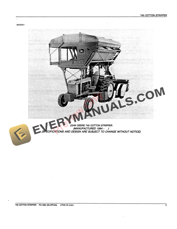 John Deere 740 Cotton Stripper Parts Catalog PC1984 30APR84-3