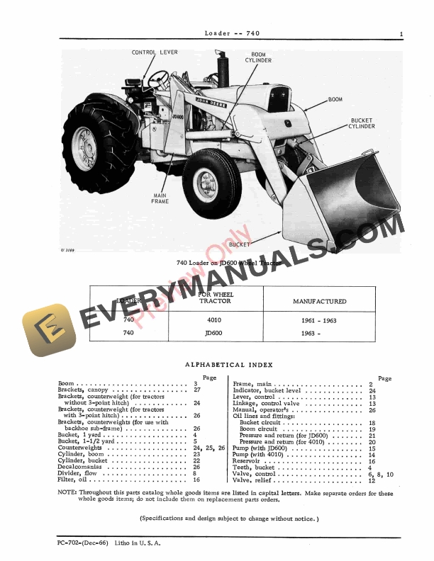 John Deere 740 Loader Parts Catalog PC702 01DEC66-5