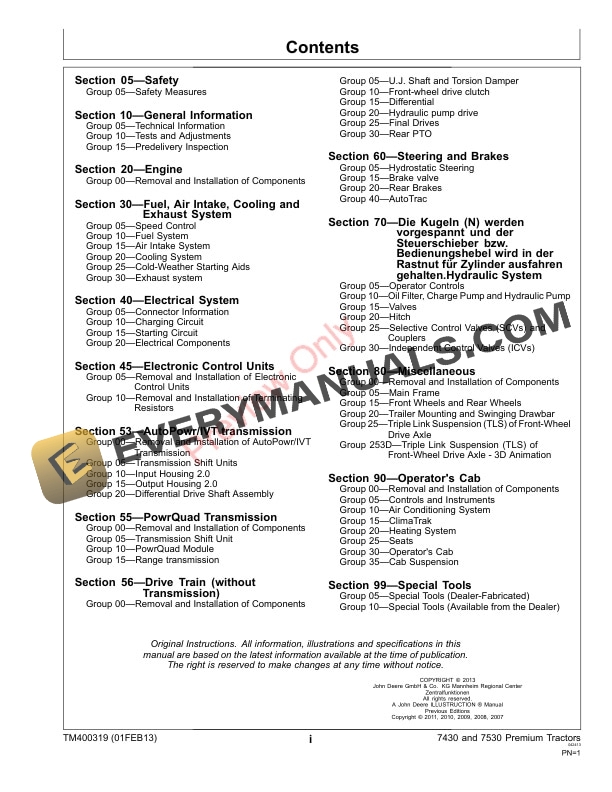 John Deere 7430 and 7530 Premium Tractors Repair Technical Manual TM400319 01FEB13 3