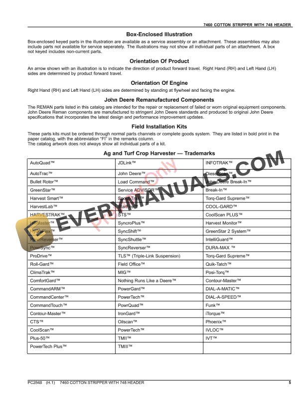 John Deere 7460 COTTON STRIPPER WITH 748 STRIPPER HEAD Parts Catalog PC2848 19OCT23 6 John Deere 7460 COTTON STRIPPER WITH 748 STRIPPER HEAD Parts Catalog PC2848 19OCT23-5