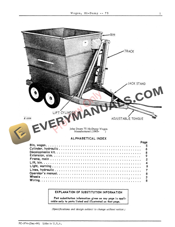John Deere 75 Hi-Dump Wagon Parts Catalog PC974 01DEC66-3