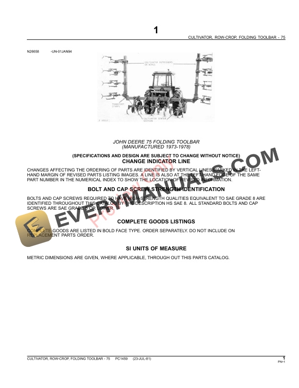 John Deere 75 Toolbar Cultivator Parts Catalog PC1459 13MAY11-3