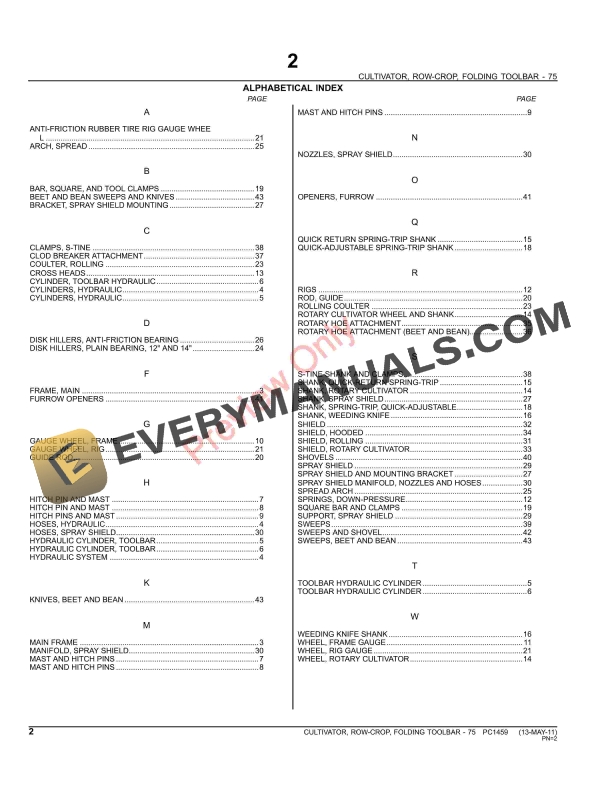 John Deere 75 Toolbar Cultivator Parts Catalog PC1459 13MAY11-4