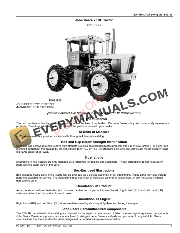 John Deere 7520 TRACTOR (4WD) (1972-1975) Parts Catalog PC1291 29DEC22-3