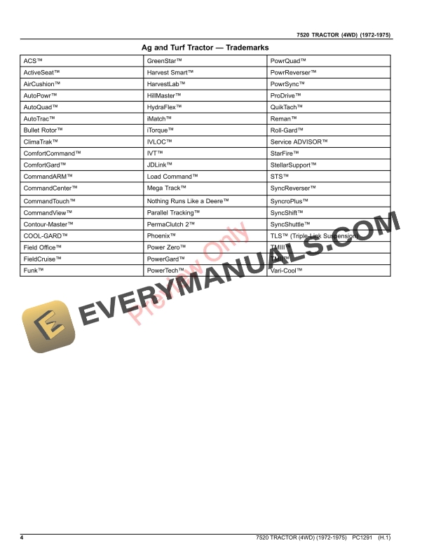 John Deere 7520 TRACTOR (4WD) (1972-1975) Parts Catalog PC1291 29DEC22-4