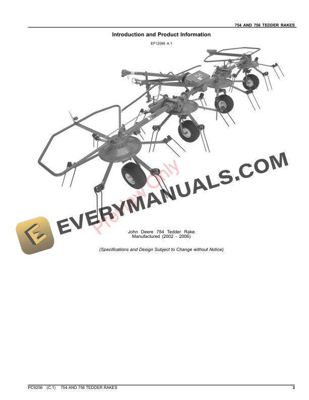 John Deere 754 AND 756 TEDDER RAKE Parts Catalog PC9256 20SEP21-3