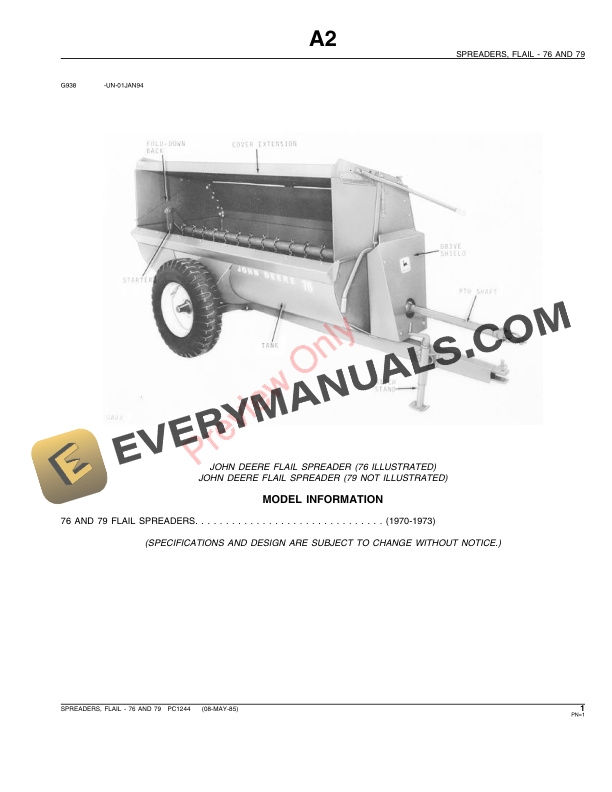 John Deere 76, 79 Flail Spreaders Parts Catalog PC1244 08MAY85-3