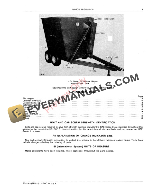 John Deere 76 Hi Dump Wagon Parts Catalog PC1183 08OCT76 3