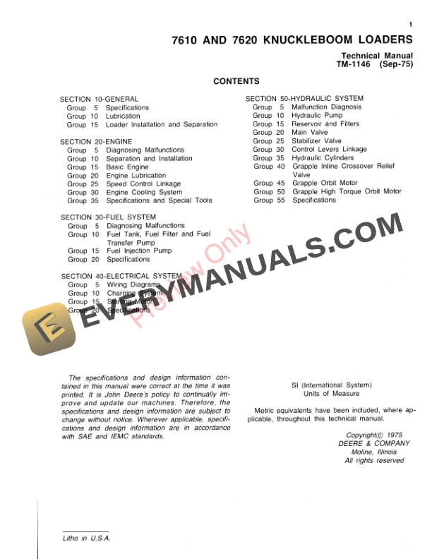 John Deere 7610 7620 Knuckleboom Loader Technical Manual TM1146 01SEP75 3