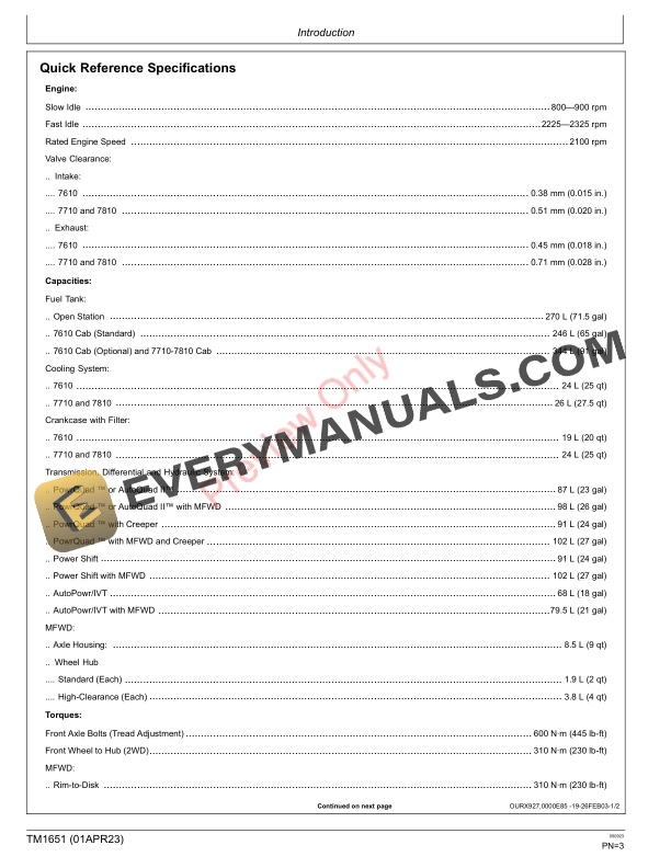 John Deere 7610 7710 and 7810 Tractors Technical Manual TM1651 01APR23 3