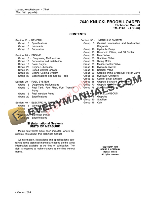 John Deere 7640 KNUCKLEBOOM LOADER Technical Manual TM1148 01APR76 3