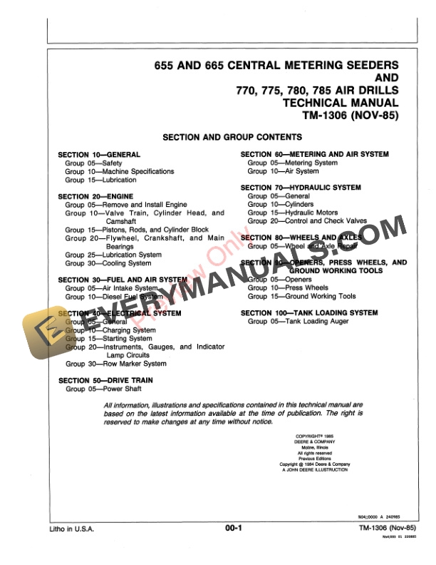 John Deere 770, 775, 780, 785 Air Drill, 655, 665 Central Metering Seeder Technical Manual TM1306 01NOV85 4 John Deere 770 775 780 785 Air Drill 655 665 Central Metering Seeder Technical Manual TM1306 01NOV85 3