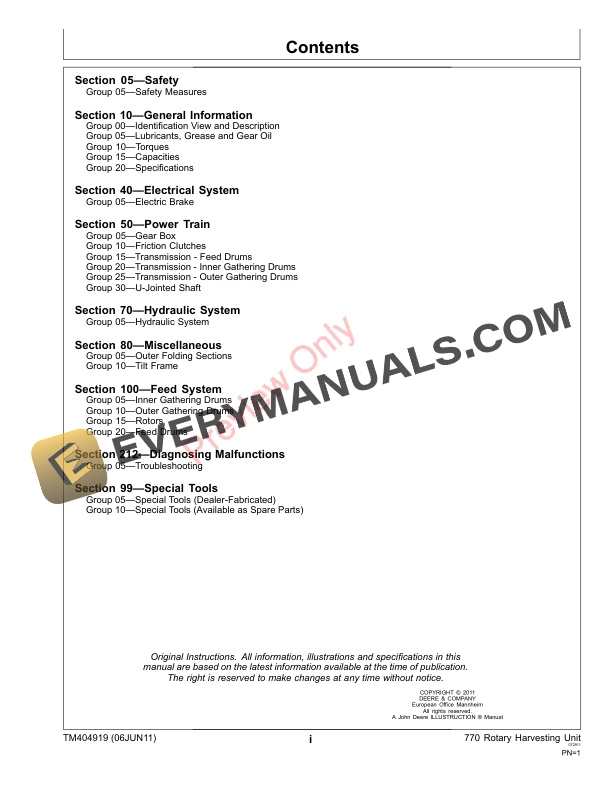 John Deere 770 Rotary Harvesting Unit 000000 125396 Technical Manual TM404919 06JUN11 3