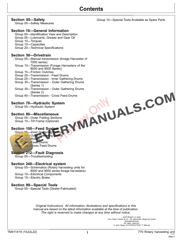 John Deere 770 Rotary Harvesting Unit 128912 Technical Manual TM411419 15JUL22 3