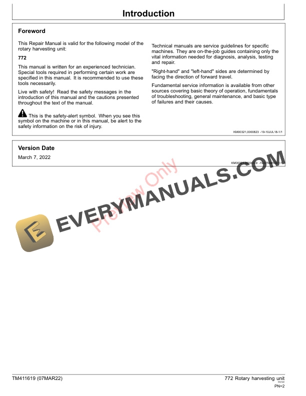 John Deere 772 Rotary Harvesting Unit North America English Technical Manual TM411619 07MAR22 2
