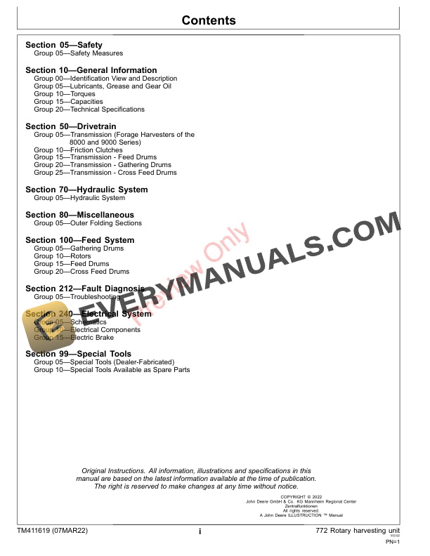 John Deere 772 Rotary Harvesting Unit North America English Technical Manual TM411619 07MAR22 3