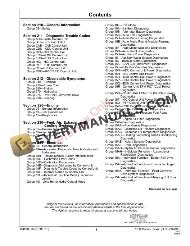 John Deere 7760 Cotton Picker 039000 Diagnostic Technical Manual TM100319 01OCT15 3