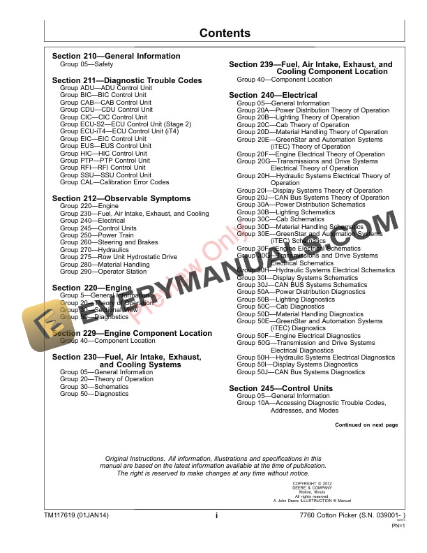 John Deere 7760 Cotton Picker and Test 039001 Technical Manual TM117619 01JAN14 3