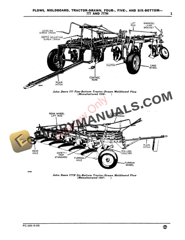John Deere 777 Moldboard Plow, Drawn Parts Catalog PC559 01DEC60-3