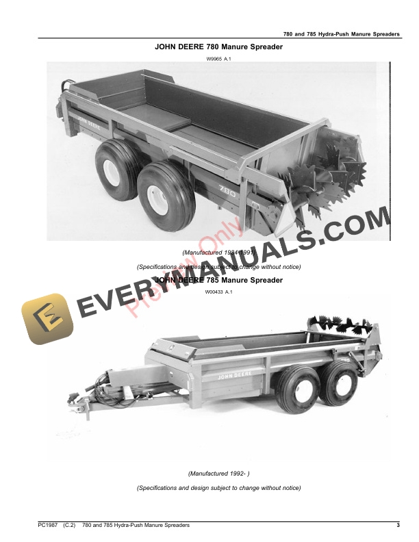 John Deere 780 AND 785 HYDRA-PUSH MANURE SPREADERS Parts Catalog PC1987 28DEC18-3