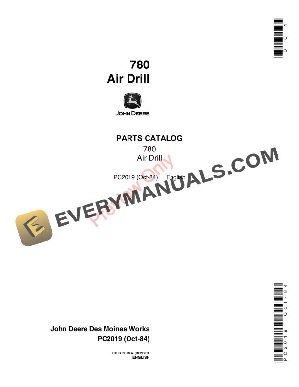 John Deere 780 Air Drill Parts Catalog PC2019 05OCT84-1