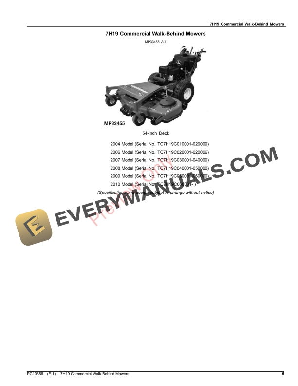 John Deere 7H19 COMMERCIAL WALK BEHIND MOWERS Parts Catalog PC10356 21SEP23 5
