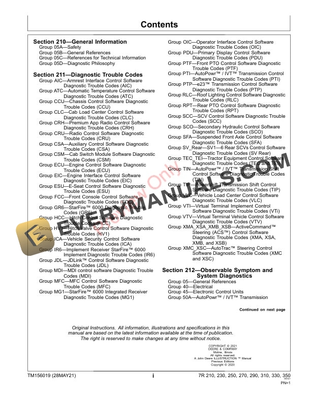 John Deere 7R 210 7R 230 7R 250 7R 270 7R 290 7R 310 7R 330 7R 350 7R Tractors 110101 Diagnostic Technical Manual TM156019 28MAY21 3