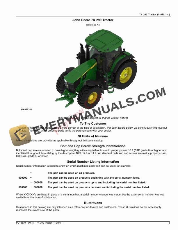 John Deere 7R 290 Tractor Parts Catalog PC13639 16NOV23-5