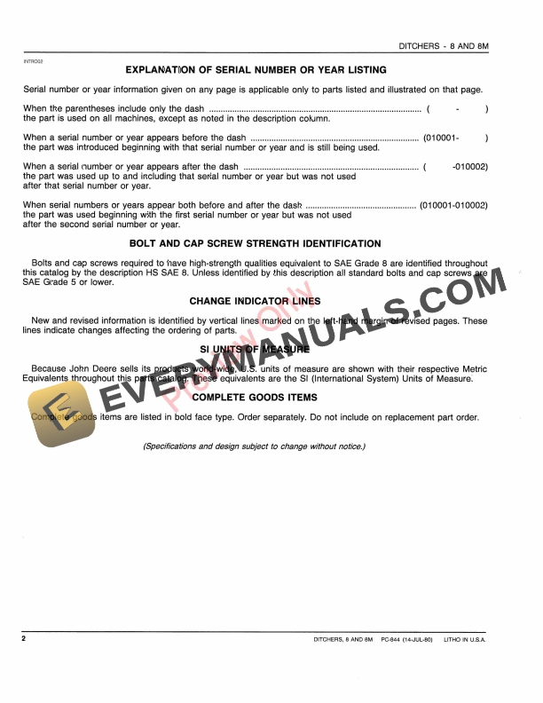 John Deere 8, 8M Ditchers Parts Catalog PC884 14JUL80-4