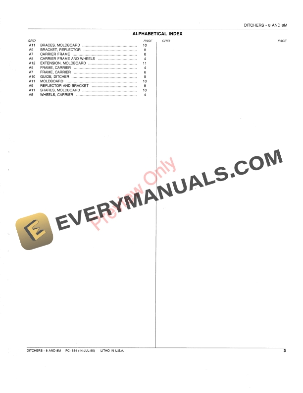 John Deere 8, 8M Ditchers Parts Catalog PC884 14JUL80-5