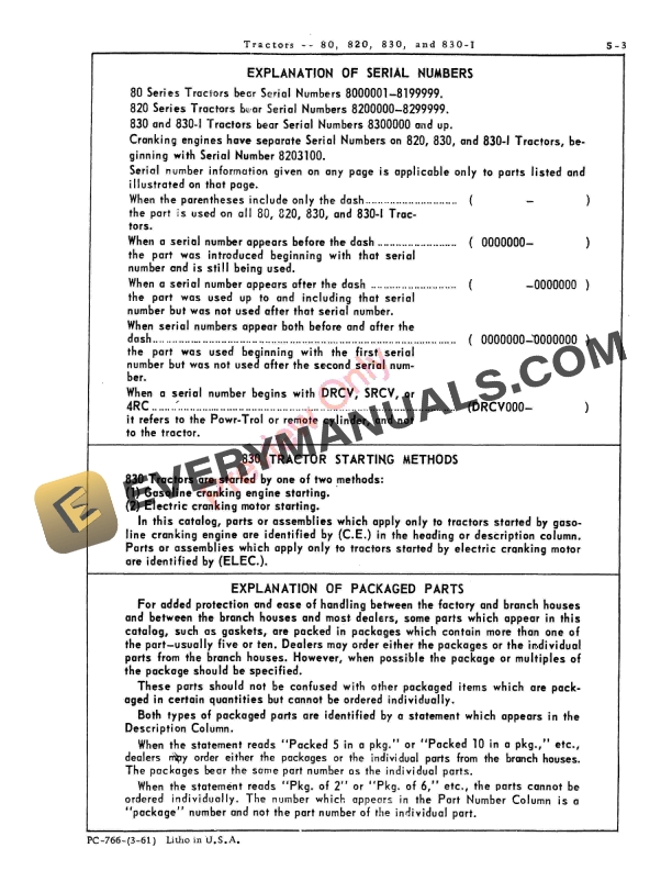 John Deere 80, 820, 830, 830-Industrial Tractors Parts Catalog PC766 01MAR61-5