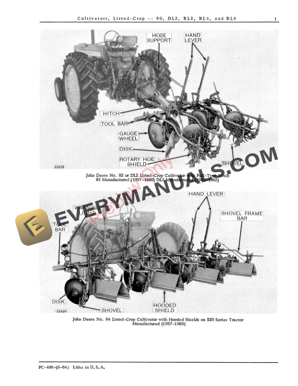 John Deere 80, DL2, RL2, RL4, RL6, RL630 Listed Crop Cultivator Parts Catalog PC498 01JUN64 4 John Deere 80, DL2, RL2, RL4, RL6, RL630 Listed Crop Cultivator Parts Catalog PC498 01JUN64-3
