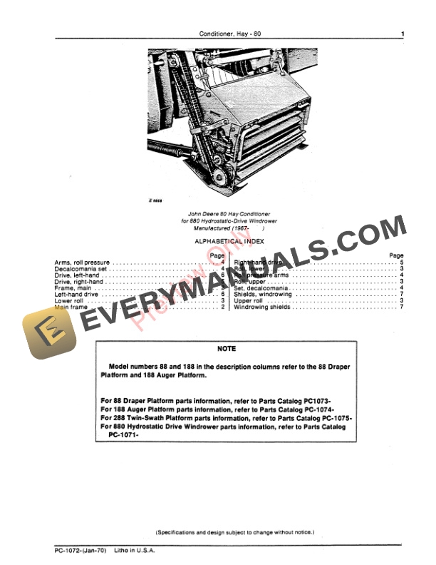 John Deere 80 Hay Conditioner Parts Catalog PC1072 01JAN70 3