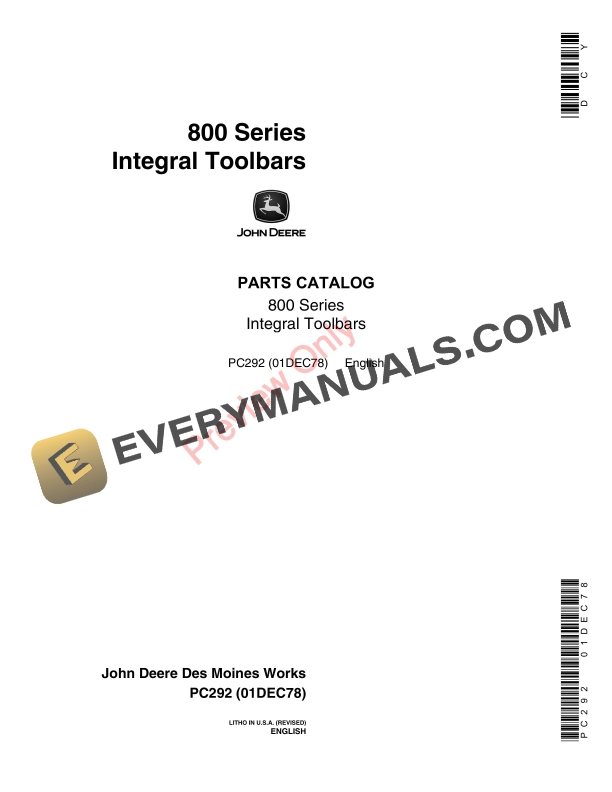 John Deere 800 Series Integral Toolbars Parts Catalog PC292 01DEC78-1