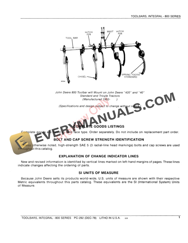 John Deere 800 Series Integral Toolbars Parts Catalog PC292 01DEC78-3