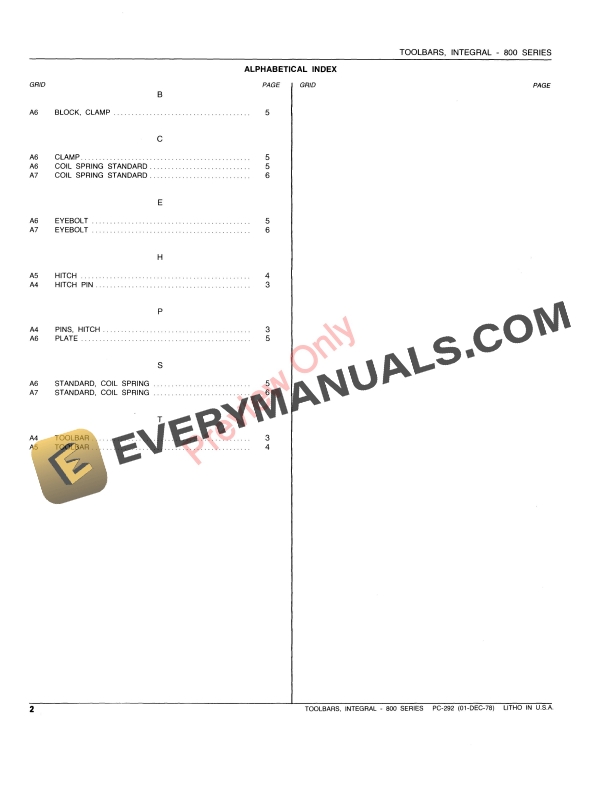John Deere 800 Series Integral Toolbars Parts Catalog PC292 01DEC78-4