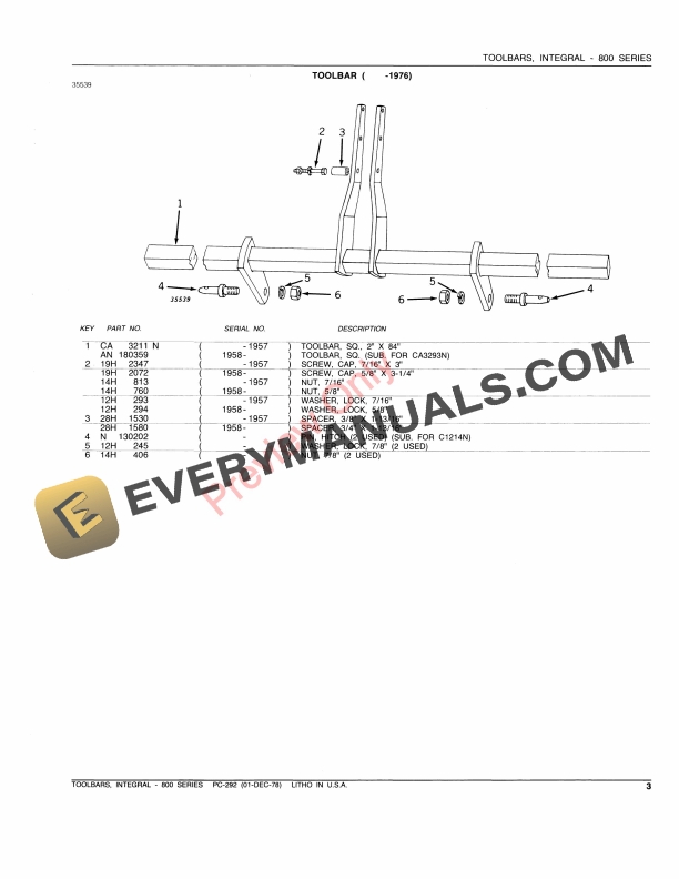John Deere 800 Series Integral Toolbars Parts Catalog PC292 01DEC78-5
