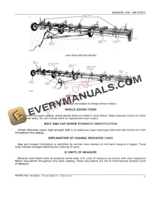 John Deere 800 Series Rod Weeder Parts Catalog PC1103 27MAY77 3