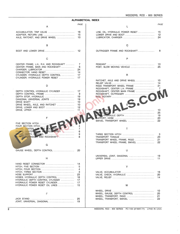 John Deere 800 Series Rod Weeder Parts Catalog PC1103 27MAY77 4